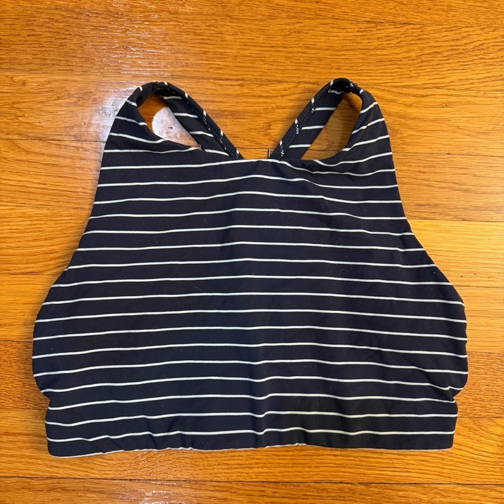 Athleta High Neck Racerback Sports Bra Navy Blue/White Stripes - Size Est Small